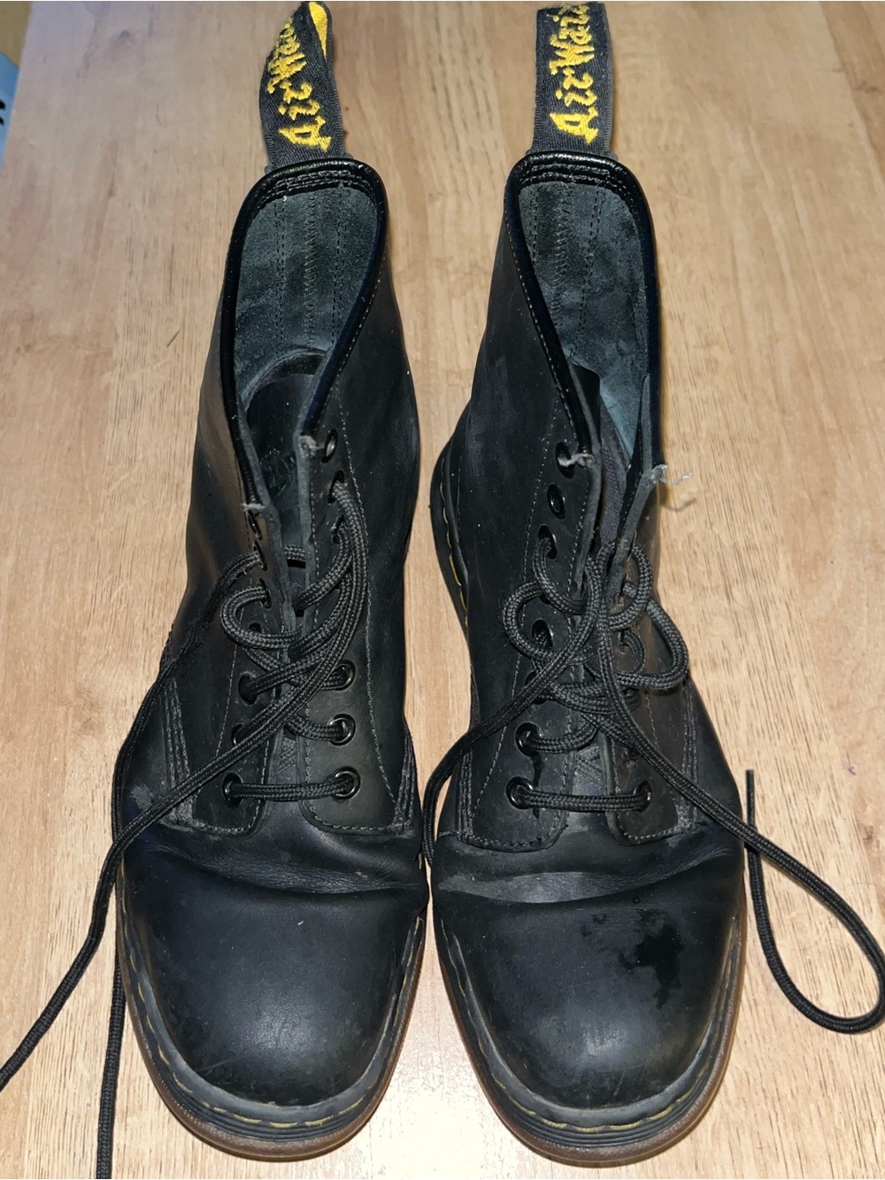 Dr. Martens Black Leather Lace-Up Combat Boots with Yellow Heel Loop